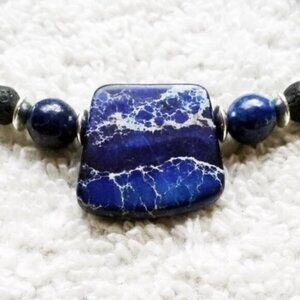 Blue Sea Sediment Jasper aka Imperial Jasper + Lapis + Lava Rock Bracelet 7.5"